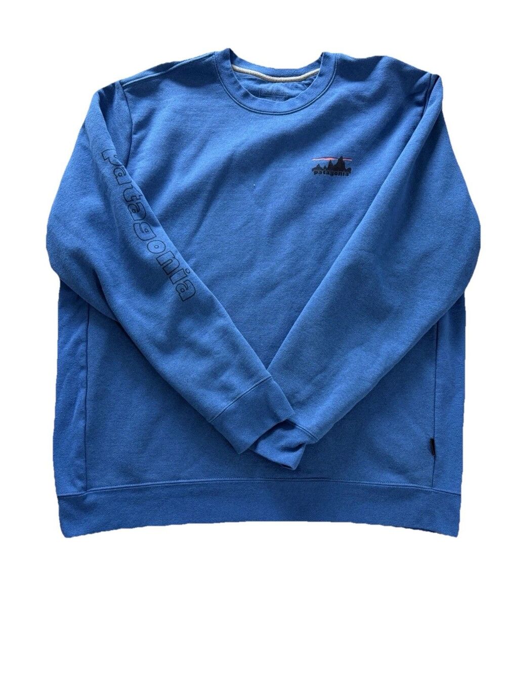 Patagonia Uprisal Crewneck Sweatshirt Mens XL Blue Fitz Roy Spellout Sleeve
